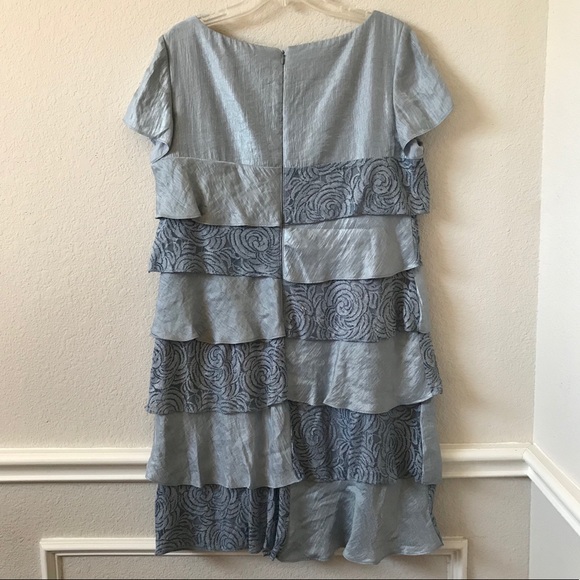 London Times Metallic Blue Lace Trim Ruffle Dress - Picture 15 of 15